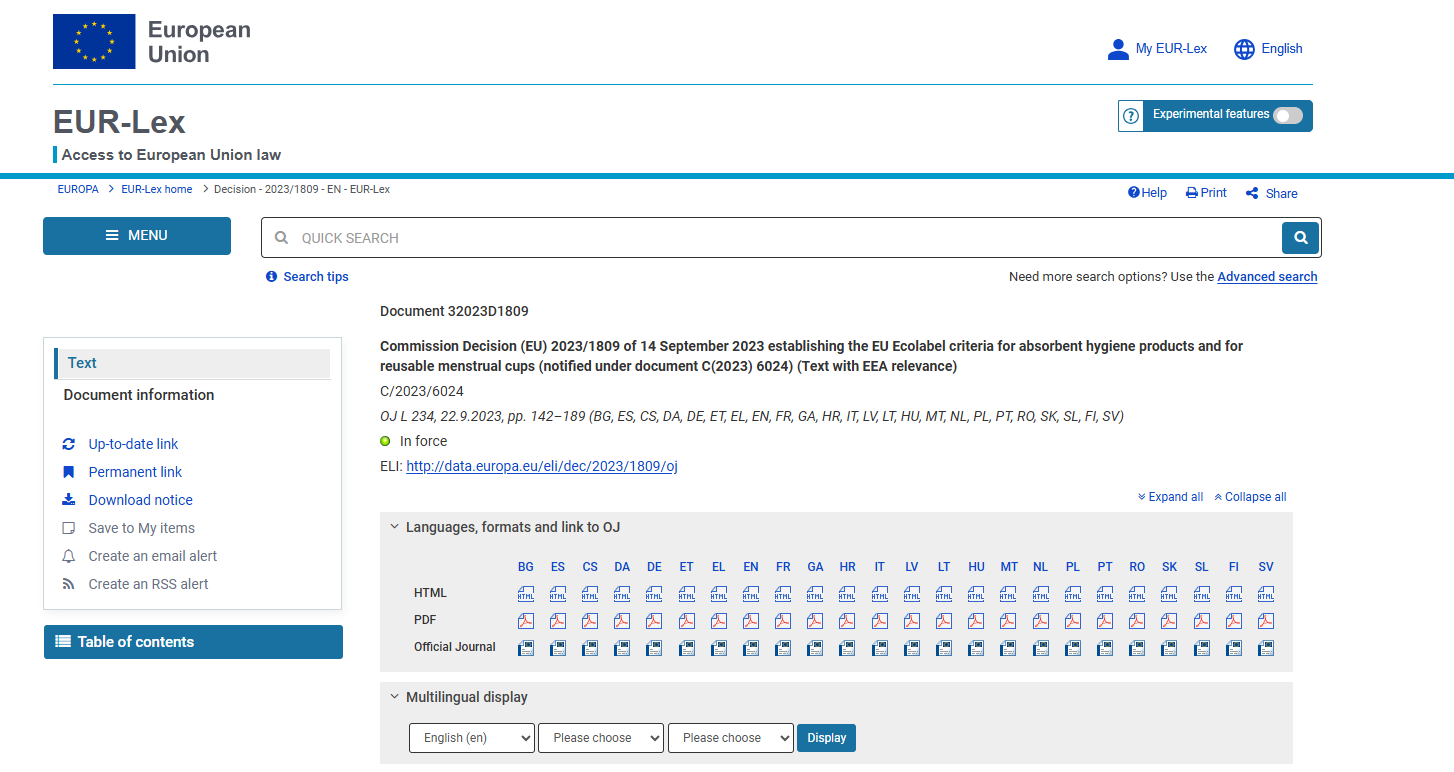 EU regulations document feminine hygiene products