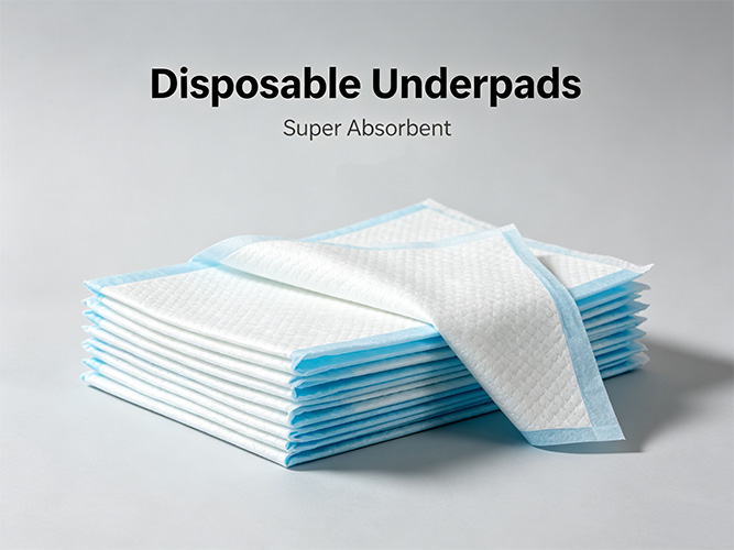 Disposable underpad product showing layered structure with soft top surface, absorbent core, and waterproof backing