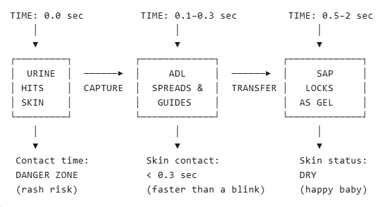 Timeline diagram showing three stages of liquid management in a diaper: at 0.0 seconds urine hits the skin (Danger Zone), at 0.1-0.3 seconds the ADL captures and spreads the liquid (under 0.3 seconds, faster than a blink), and at 0.5-2 seconds the SAP locks it as gel (Dry skin, happy baby).