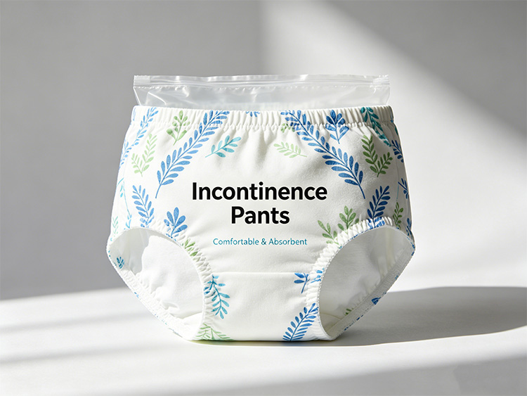 Incontinence pants showing absorbent underwear with elastic waistband and leak-proof design