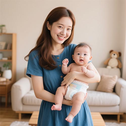 Mother holding baby while choosing between cloth and disposable diapers