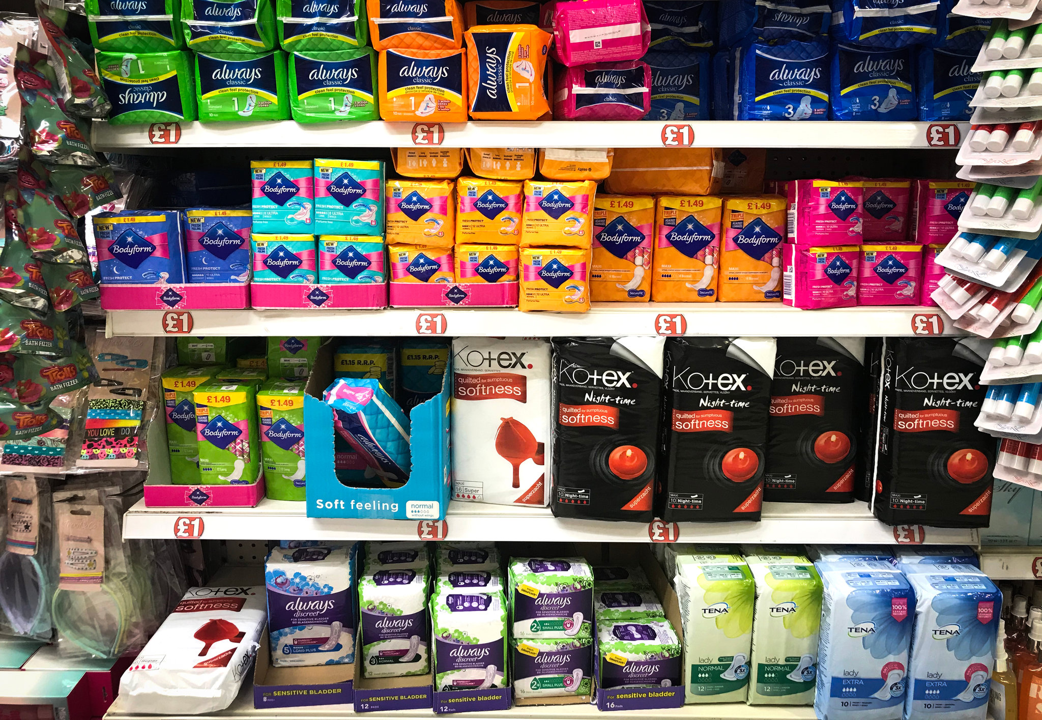 Sanitary napkins on retail shelf