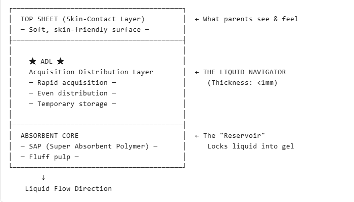 Cross-section diagram of baby diaper showing three layers: Top Sheet (skin-contact layer), ADL (Acquisition Distribution Layer) in the middle, and Absorbent Core with SAP at the bottom. Liquid flows downward through each layer.