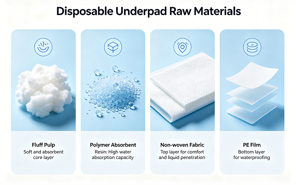 Disposable underpad raw materials overview: spunbond non-woven, SMS fabric, SAP super absorbent polymer, fluff pulp, PE breathable film, and hot melt adhesive comparison chart