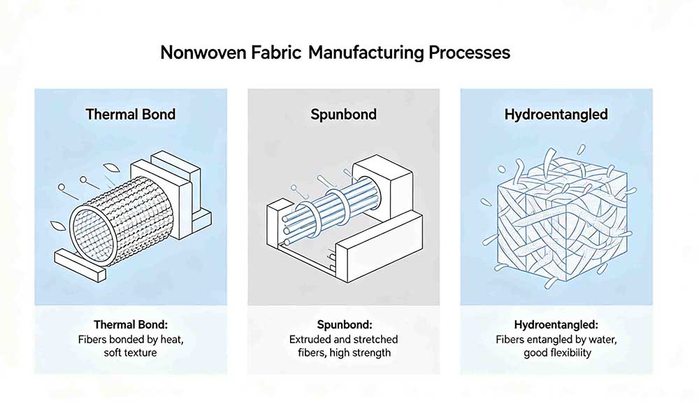Diaper raw materials nonwoven fabric manufacturing processes comparison: thermal bond, spunbond and hydroentangled
