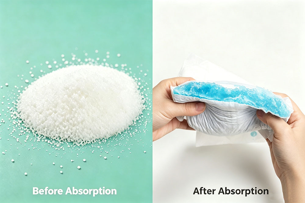 Diaper raw materials SAP super absorbent polymer before and after water absorption demonstrating gel formation