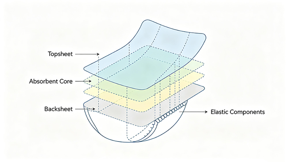 Diaper raw materials structure diagram showing 4 functional layers: topsheet, absorbent core, backsheet and elastic components
