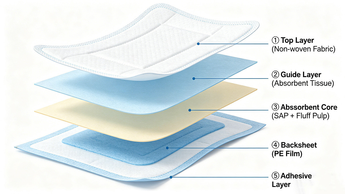 Disposable underpad 5-layer structure diagram showing top non-woven fabric, absorbent tissue, SAP and fluff pulp core, PE breathable backsheet, and hot melt adhesive layers