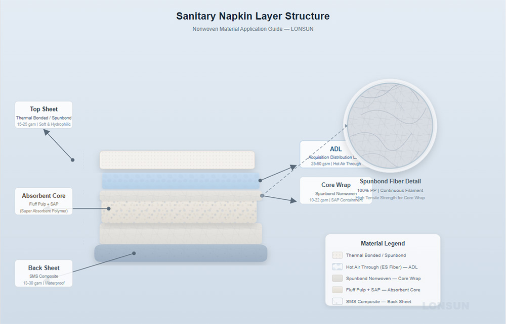 Sanitary napkin layer structure showing nonwoven fabric applications